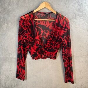 Impulsive Graffiti Mesh Crop Top Womens XL Sheer Mesh Whimsigoth Y2k Grunge